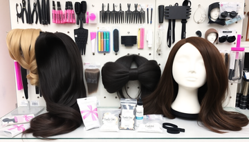 How to wear a wig step by step with wigs, hair tools, and accessories displayed on a white table and wall