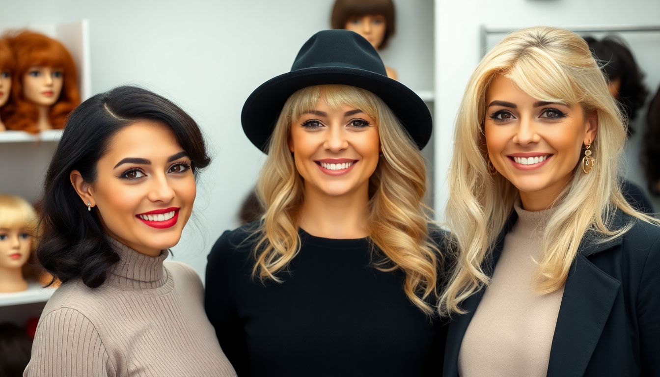 Women showcasing the best wigs for your face shape in a stylish hair salon setting