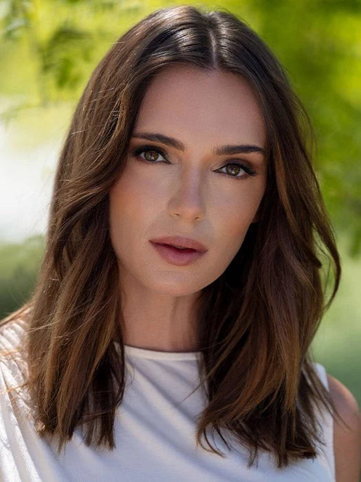 Jon Renau easiVolume 10 inch medium brown shoulder length wig on model with natural waves