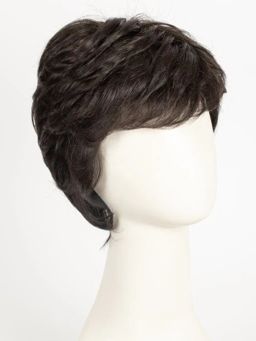 HairUWear dark brown layered short wig on mannequin with natural texture realistic men's wigs for thinning hair