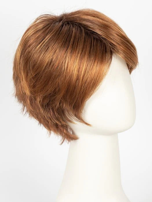 Auburn short layered wig on white mannequin head styled with side bangs short silver wig for women