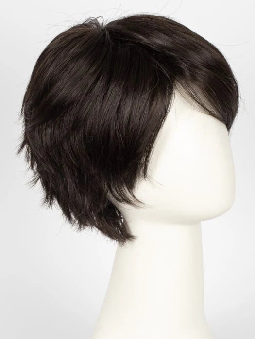 short silver wig for women shown in dark brown layered pixie style on white mannequin head