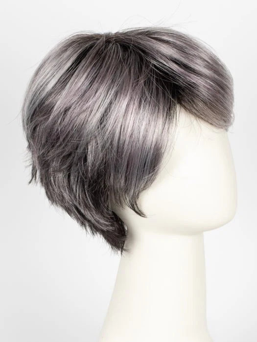 Short layered hairstyle on mannequin showcasing short silver wig for women with side swept bangs