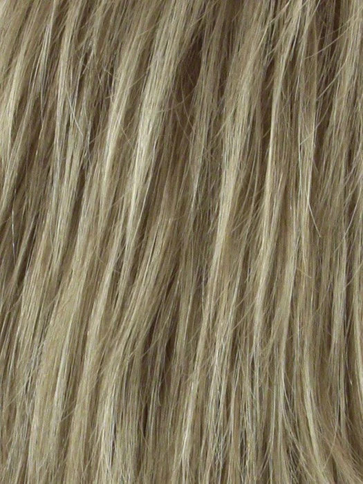 Close up of light ash blonde hair texture on Logan Amore wig for kids showing soft straight synthetic strands