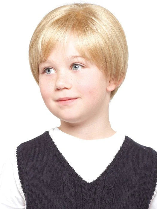 Young boy wearing Logan Amore wig for kids short blonde bowl cut style on white background