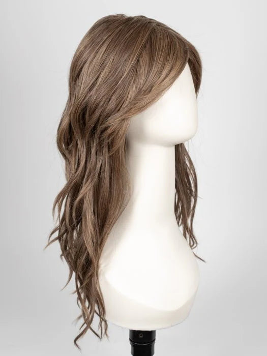 long wavy brown wig for women displayed on mannequin with side swept bangs and layered natural look