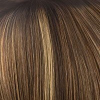 Wigalert short layered synthetic wig brown with blonde highlights close up showing roots and hair texture