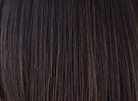 Wigalert short layered synthetic wig in dark brown straight strands close up showing texture and natural shine