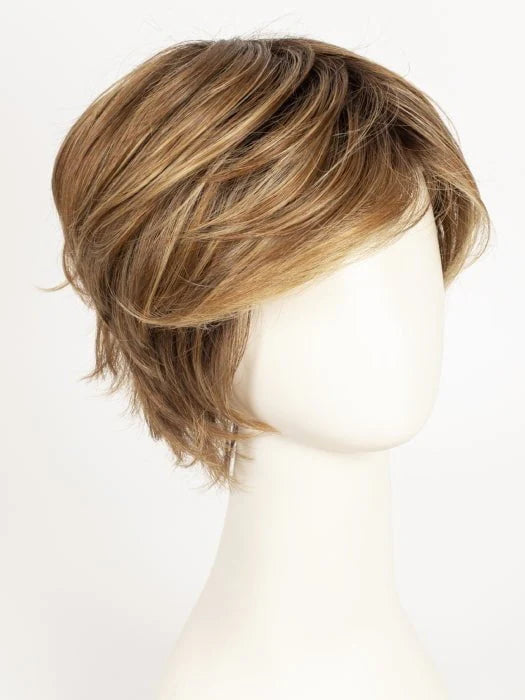 short layered synthetic wig in honey blonde with highlights on mannequin side swept bangs and textured layers for everyday style