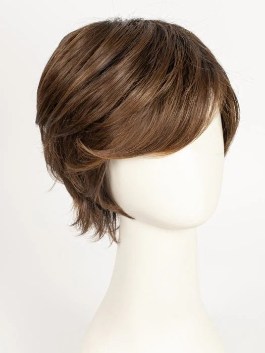 Short brown short layered synthetic wig with side swept bangs on mannequin head for everyday wear