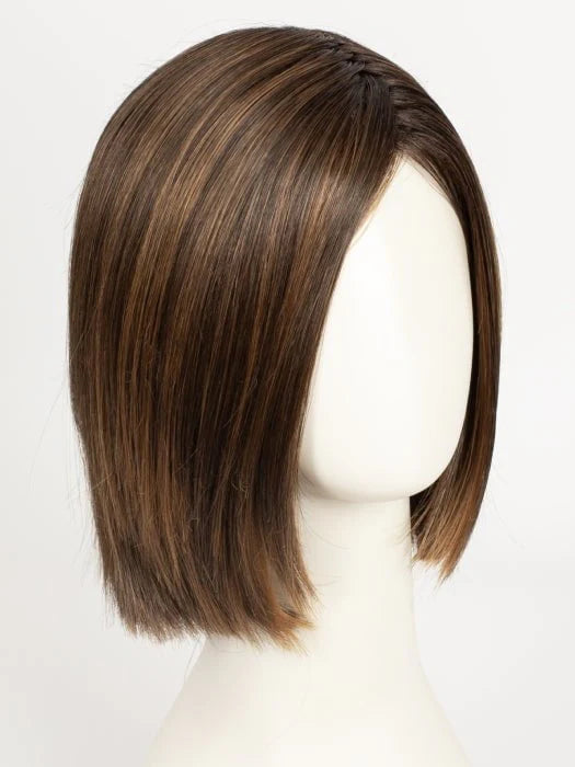short brown bob wig for women with natural straight layers subtle highlights side part on mannequin head