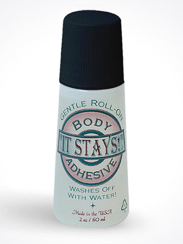 Body adhesive in a roll-on bottle for sensitive skin, designed as wig adhesive for sensitive skin.