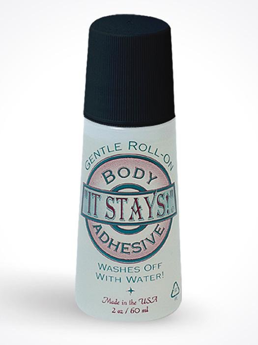 Body adhesive in a roll-on bottle for sensitive skin, designed as wig adhesive for sensitive skin.