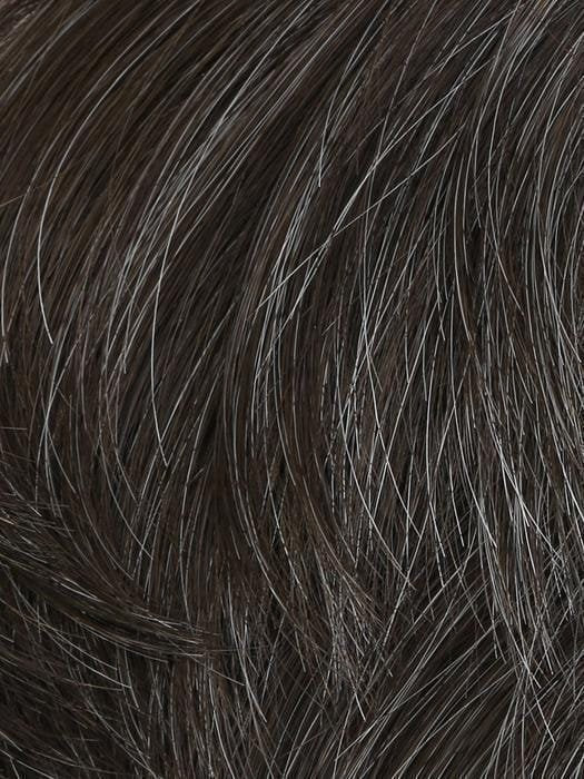 Dapper HIM wig for men close up of HairUWear dark brown salt and pepper short textured synthetic hair