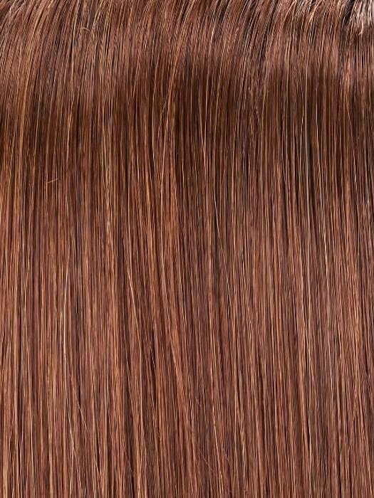 Jon Renau easiVolume 10 inch synthetic hair topper in warm auburn brown close up showing smooth straight strands