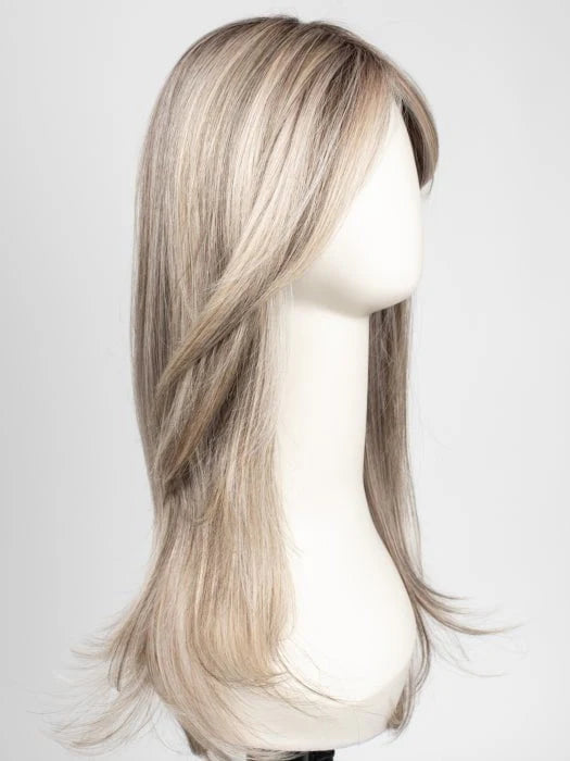 Raquel Welch Scene Stealer wig long layered ash blonde with side swept bangs on mannequin by First Lady Products