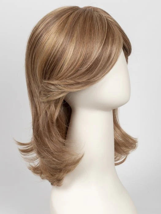 Raquel Welch Goddess wig mid length layered light brown with blonde highlights on mannequin head