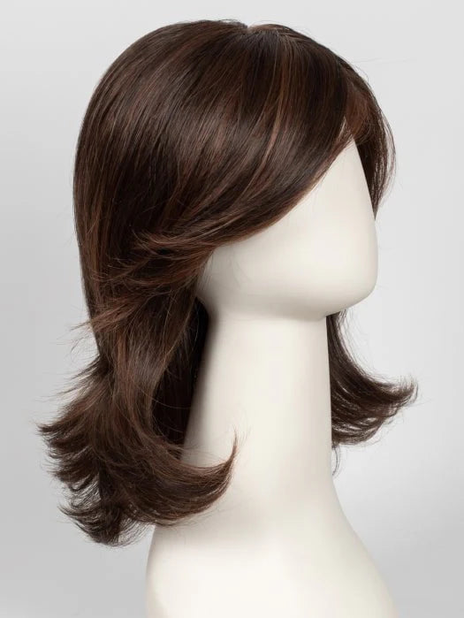 Brown layered shoulder length Raquel Welch Goddess wig with side swept bangs and flipped ends on mannequin
