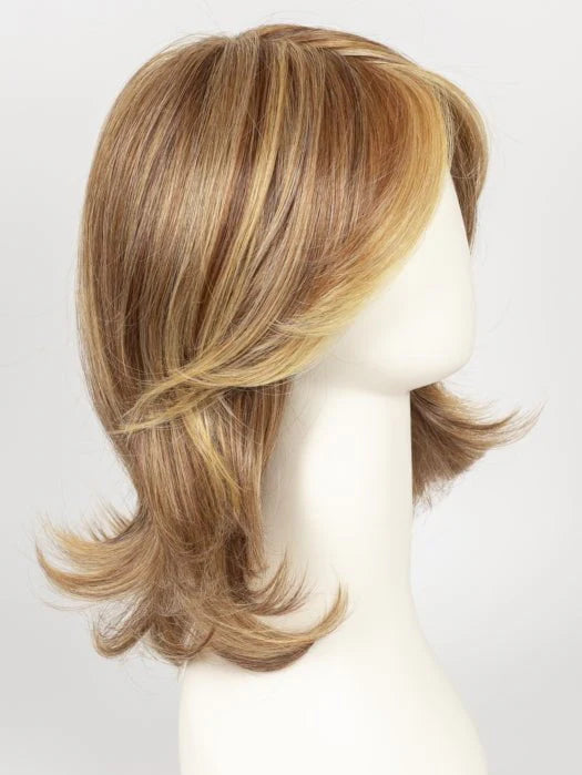 Raquel Welch Goddess wig honey blonde layered shoulder length with side swept bangs and flipped ends on mannequin