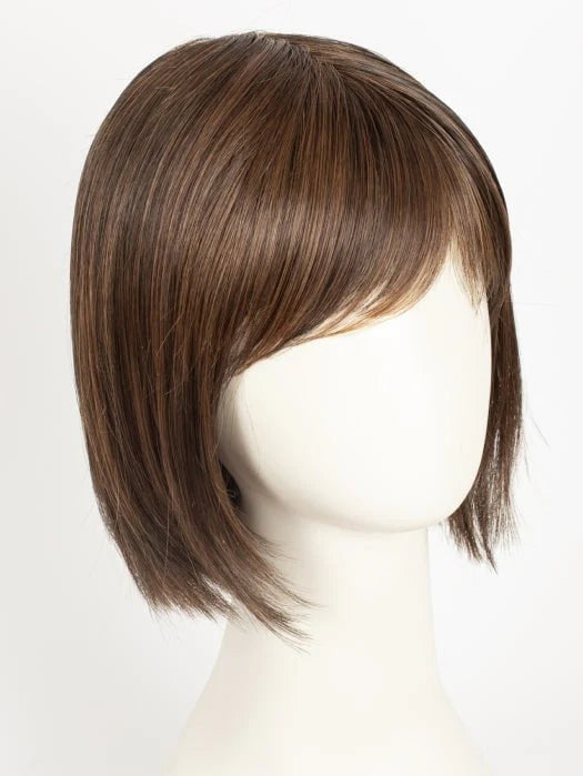Light brown short bob wig with side swept bangs on mannequin head blonde synthetic wig Ellen Wille