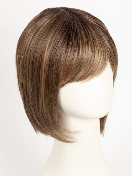 Mannequin wearing a short layered bob showing blonde synthetic wig Ellen Wille with side swept bangs and subtle dark roots