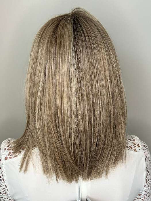 Back view of Ellen Wille Drive wig in ash blonde with dark roots and straight layered shoulder length