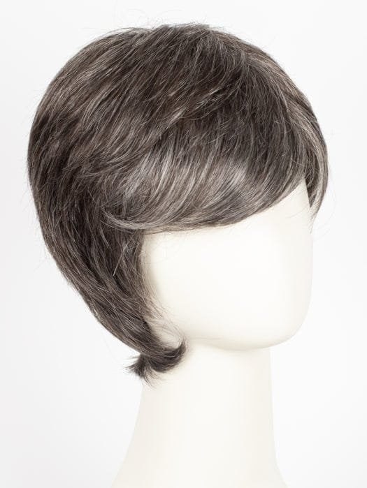 Salt and pepper short layered cut on mannequin head Ellen Wille George men's wig for natural style