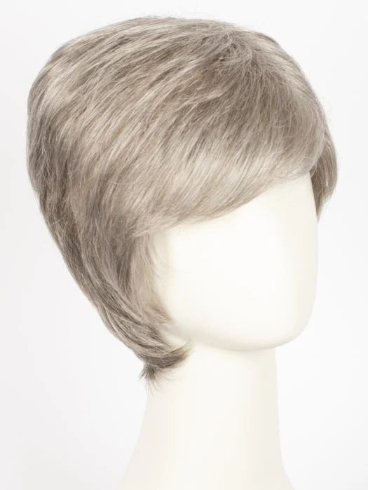 Ellen Wille George men's wig short layered ash gray style on mannequin with side swept fringe and natural texture
