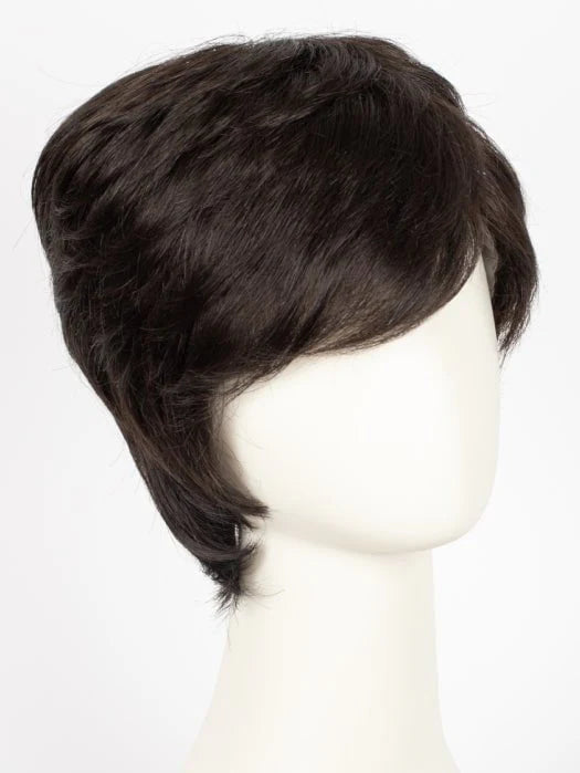 Ellen Wille George men's wig in dark brown layered short cut with side swept fringe on mannequin