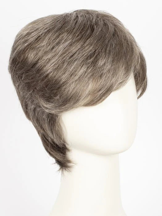 Ellen Wille George men's wig short layered ash gray hairstyle on mannequin with side swept bangs