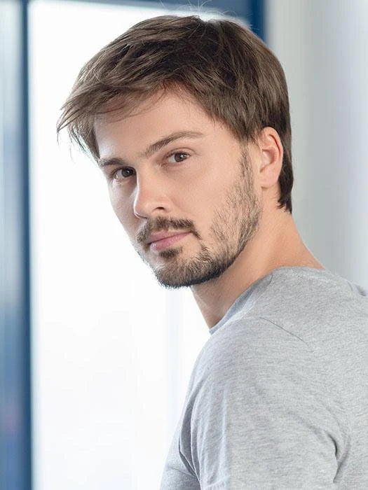 Ellen Wille George men's wig short textured brown hair on male model with light stubble and casual tee