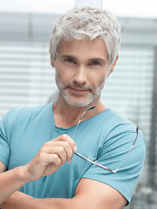 Ellen Wille George men's wig short silver textured style on mature model holding glasses