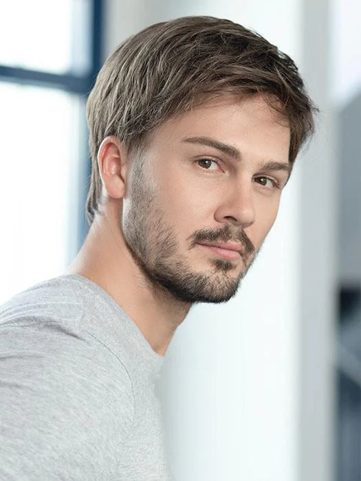 Ellen Wille George men's wig short natural brown hair on male model with light stubble and casual shirt