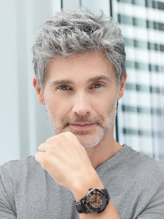 Justin Ellen Wille men's wig short salt and pepper textured hair on mature male model in gray shirt