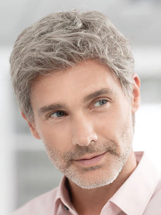 Ellen Wille Steven Sport wig short textured salt and pepper haircut on male model with light stubble