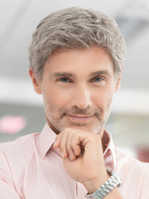 Man wearing Ellen Wille Steven Sport wig short textured gray hair natural professional casual look