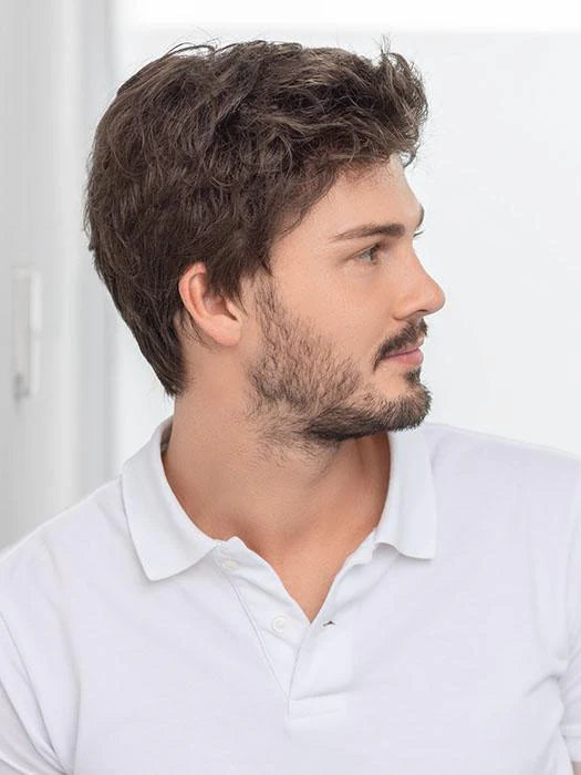 Male model wearing Ellen Wille Steven Sport wig in natural brown short textured style with casual polo
