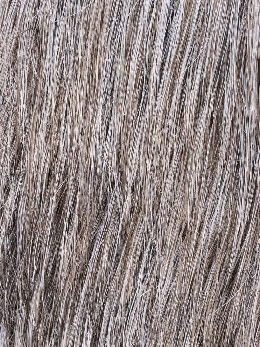 Close up of gray blended hair fibers on Ellen Wille Steven Sport wig showing texture