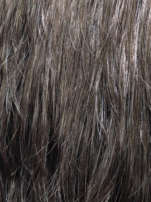 Close up ash brown textured hair fibers of Ellen Wille Steven Sport wig showing layered sport cut
