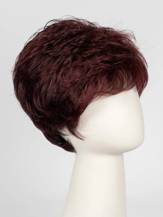 Ellen Wille Tab wig short layered burgundy pixie with textured sides and side swept bangs on mannequin