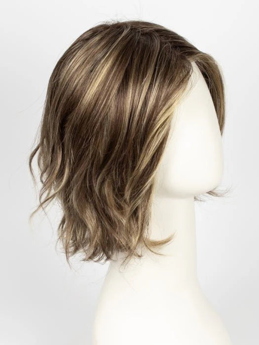 Mannequin displaying a short silver blonde wig for women styled in layered wavy bob with side part