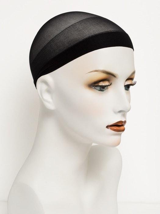 Breathable nylon wig cap displayed on a mannequin head for comfortable wig wear