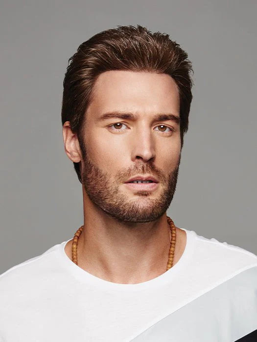 HairUWear men's natural look wig in medium brown on male model with short styled hair and trimmed beard