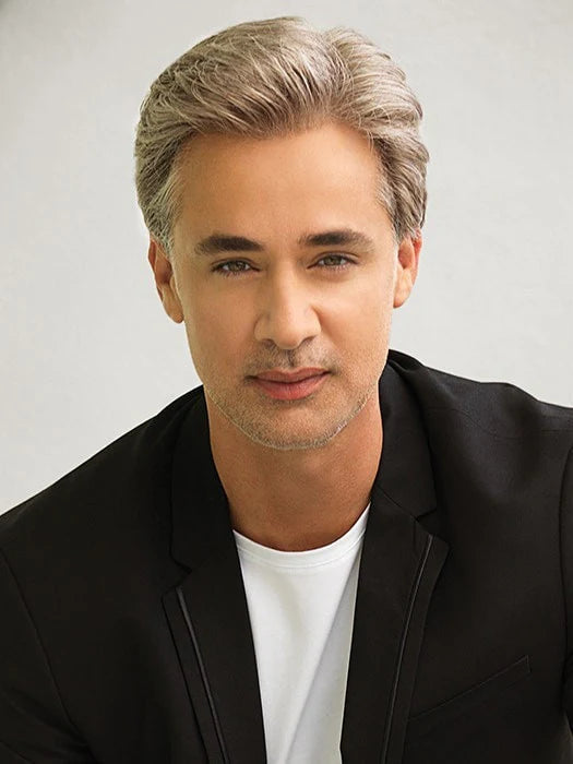 HairUWear realistic men's wigs for thinning hair styled short salt and pepper look on middle aged man