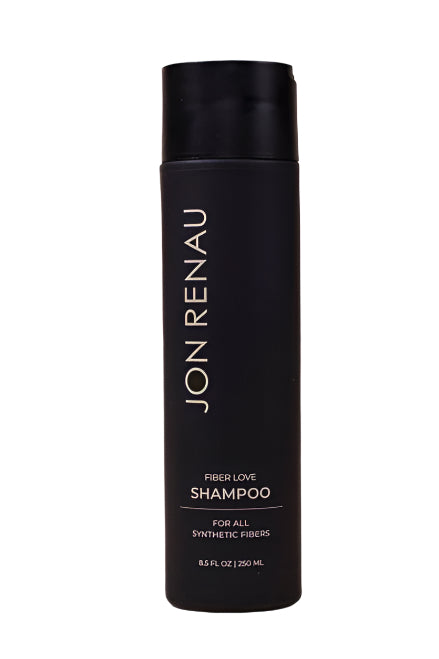 Jon Renau Fiber Love wig shampoo in a sleek black bottle for all synthetic fibers