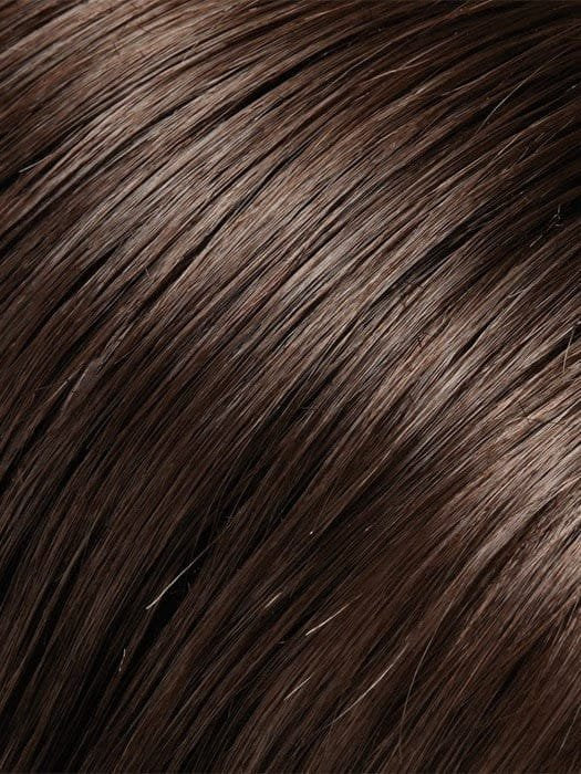 Close up smooth medium brown hair texture of Jon Renau Ashley Petite wig showing glossy natural highlights