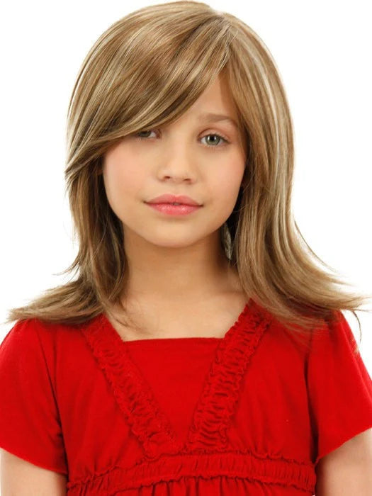Jon Renau Ashley Petite wig shoulder length highlighted blonde with side swept bangs on model in red dress