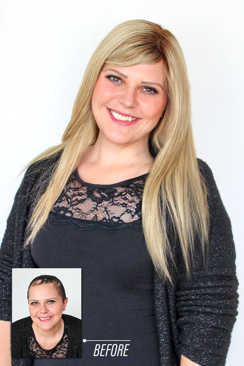 Before and after photo of the Jon Renau Lea wig showcasing long blonde hair and natural styling