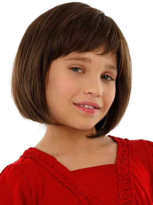 First Lady Products childrens bob wig with bangs in chestnut brown worn by smiling girl for dress up