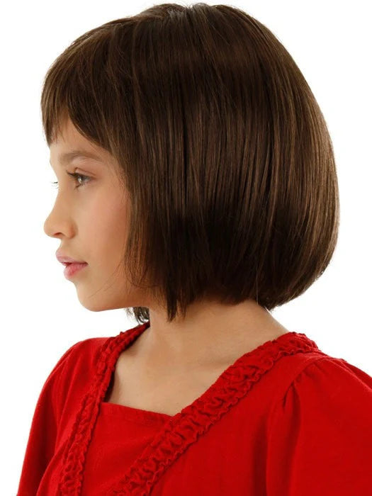 Side profile of a child wearing a brown childrens bob wig with bangs and a red dress